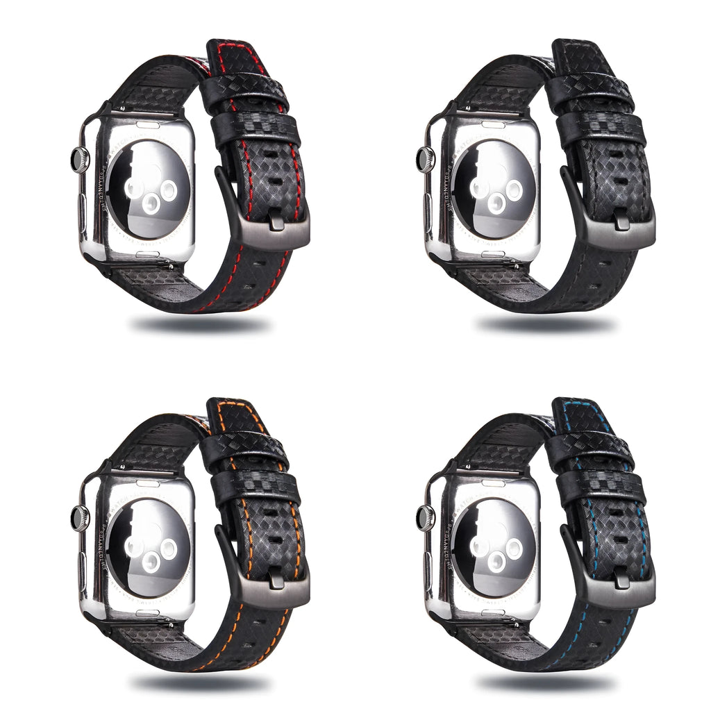 Apple Watch case with leather strap and carbon fibre elements in four colour options
