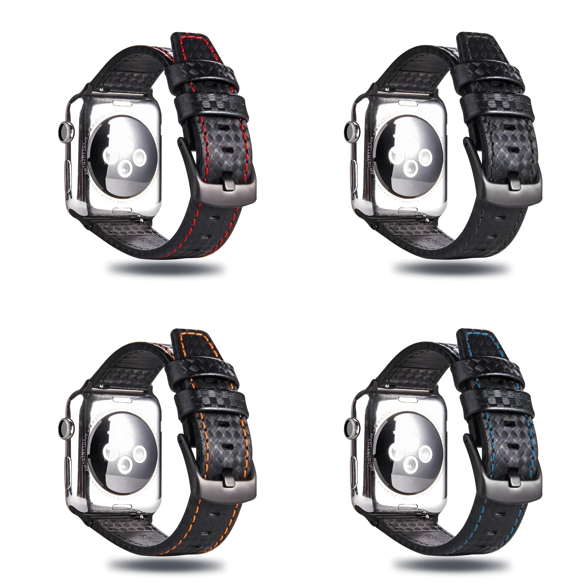Apple Watch case with leather strap and carbon fibre elements in four colour options