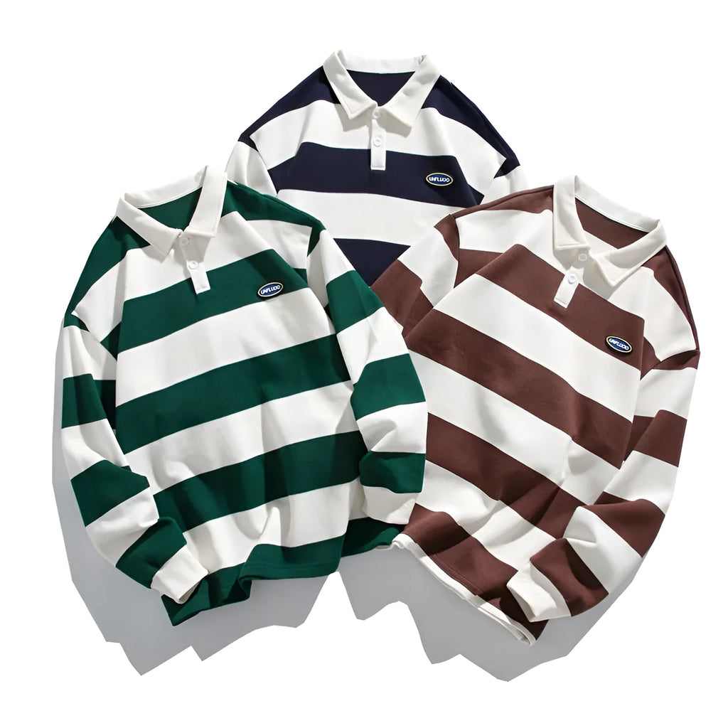 Hong Kong style striped pearl cotton polo shirt with lapel sweater design in loose fit