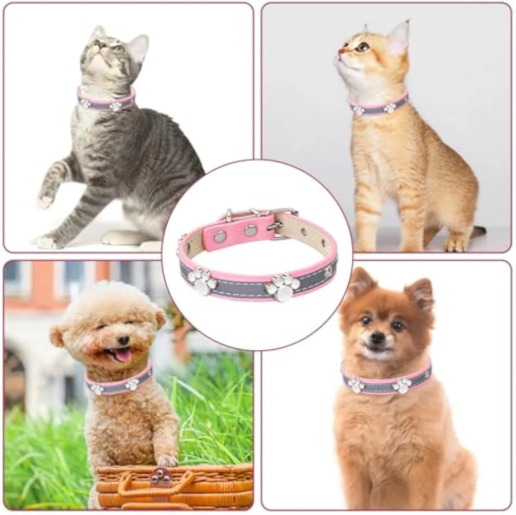 Reflective leather dog collar with paw-shaped rivets and adjustable metal buckle