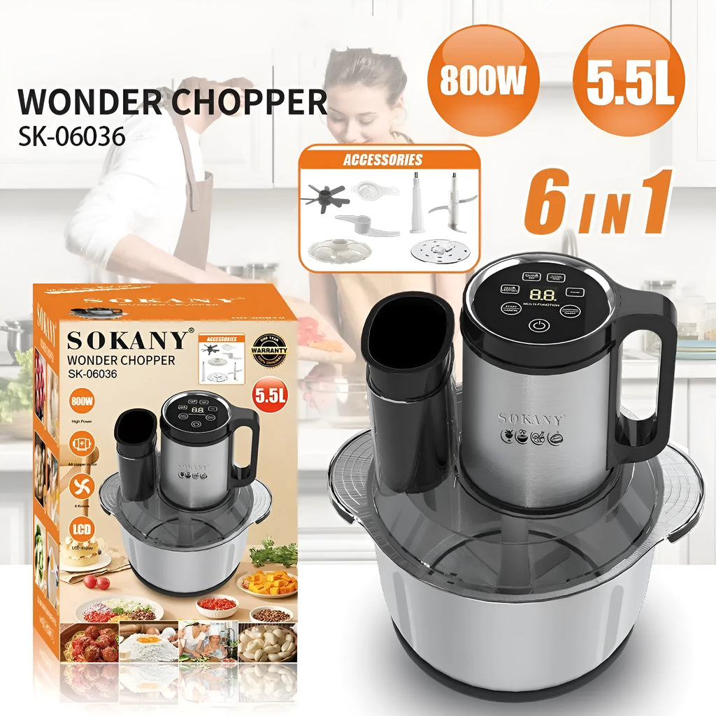Stainless steel semi-automatic meat grinder with a 5-litre capacity bowl and food processing attachments.