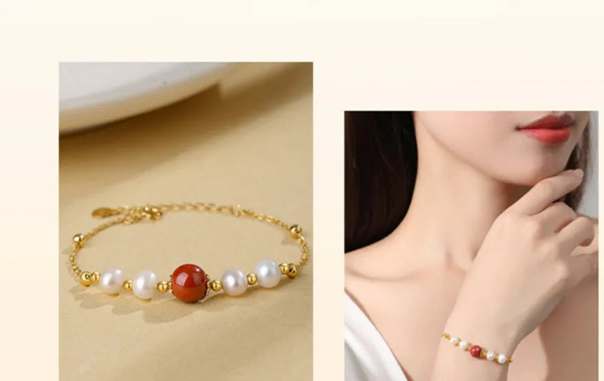 Yellow 925 silver bracelet with red bean pearl cinnabar design for women
