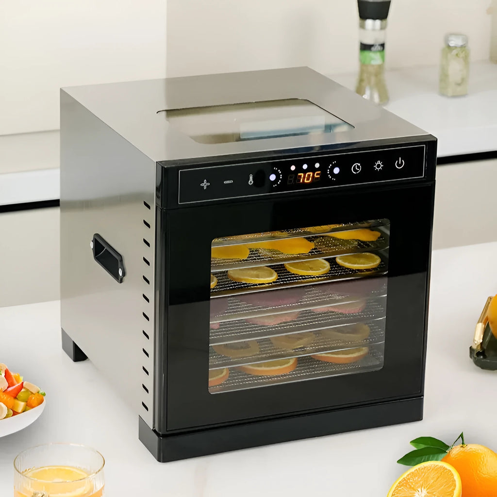 Stainless steel food dehydrator machine with multiple trays and an LED control panel.