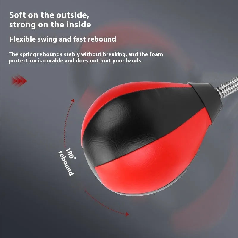 Pear-shaped inflatable boxing training ball with red and black head mounted via suction cups