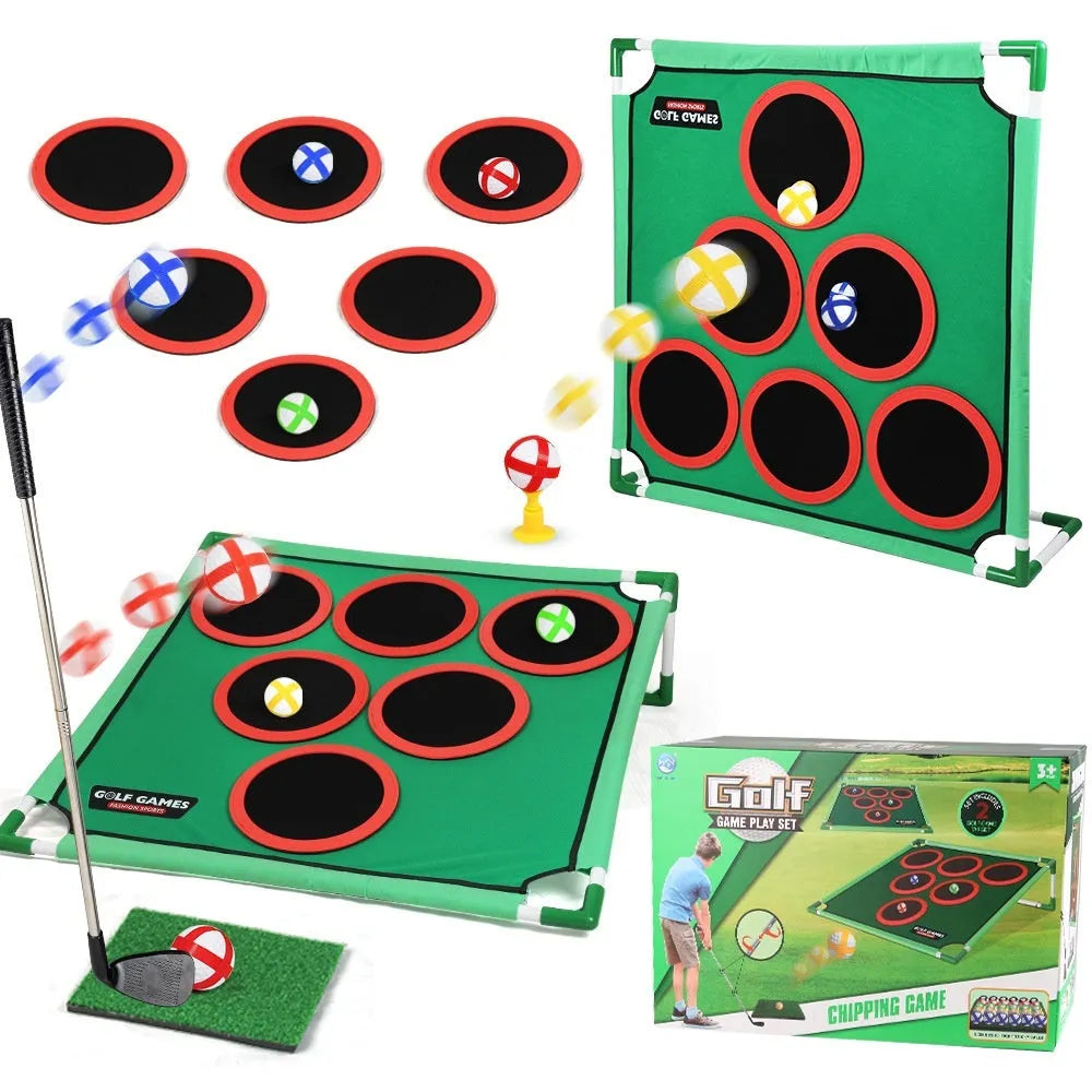 Children's Velcro golf suit toy with plastic and flannel target, available in single or double frame styles, colour box packaging