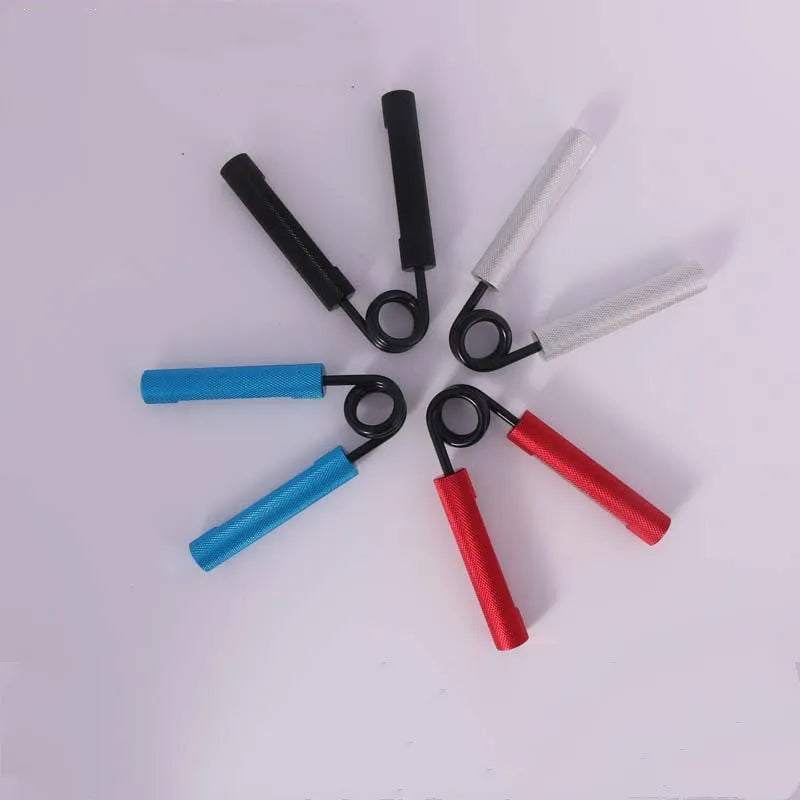Aluminum alloy spring grip hand gripper with silver, black, red, or blue handle and 100lb to 350lb resistance options