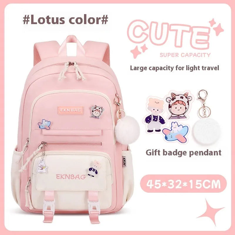 Waterproof Oxford cloth school backpack for girls with curved shoulder straps in six colour options