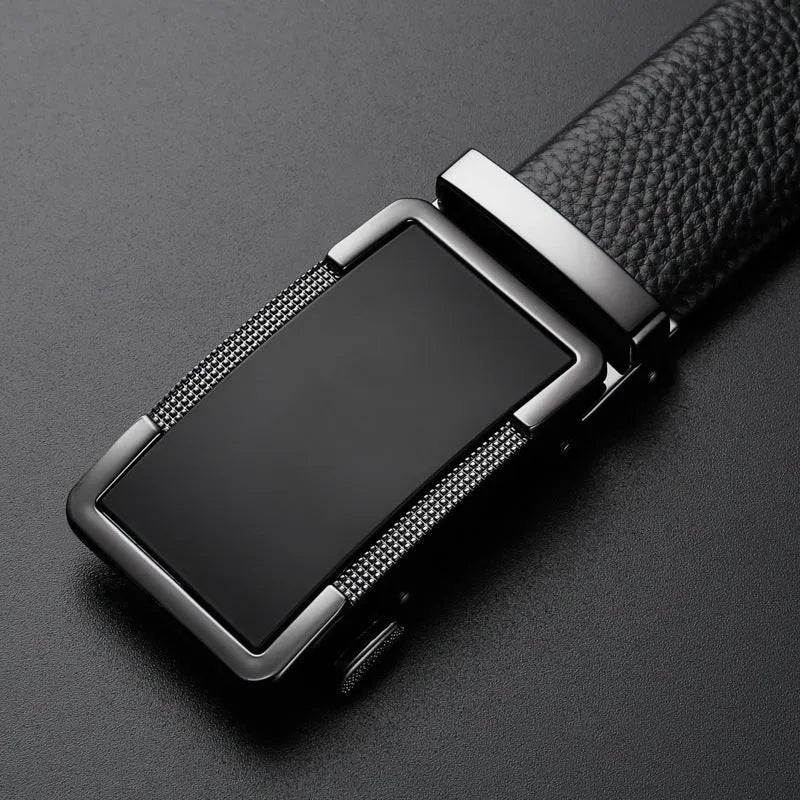 Men's leather belt with an automatic comfort click buckle in a choice of gun black, silver, or gold colours.
