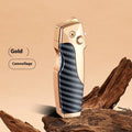 Metal folding lighter in a closed position, showing one of twelve available finishes such as wood grain or carbon fibre.