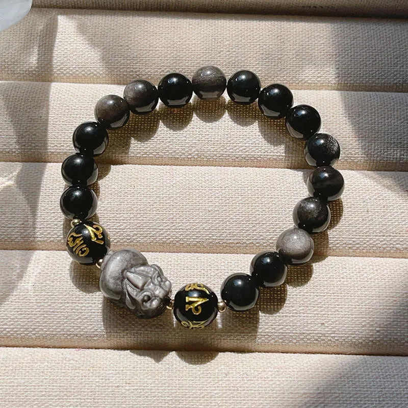 Natural silver stone men's bracelet with beaded zodiac and proverb design in Chinese style