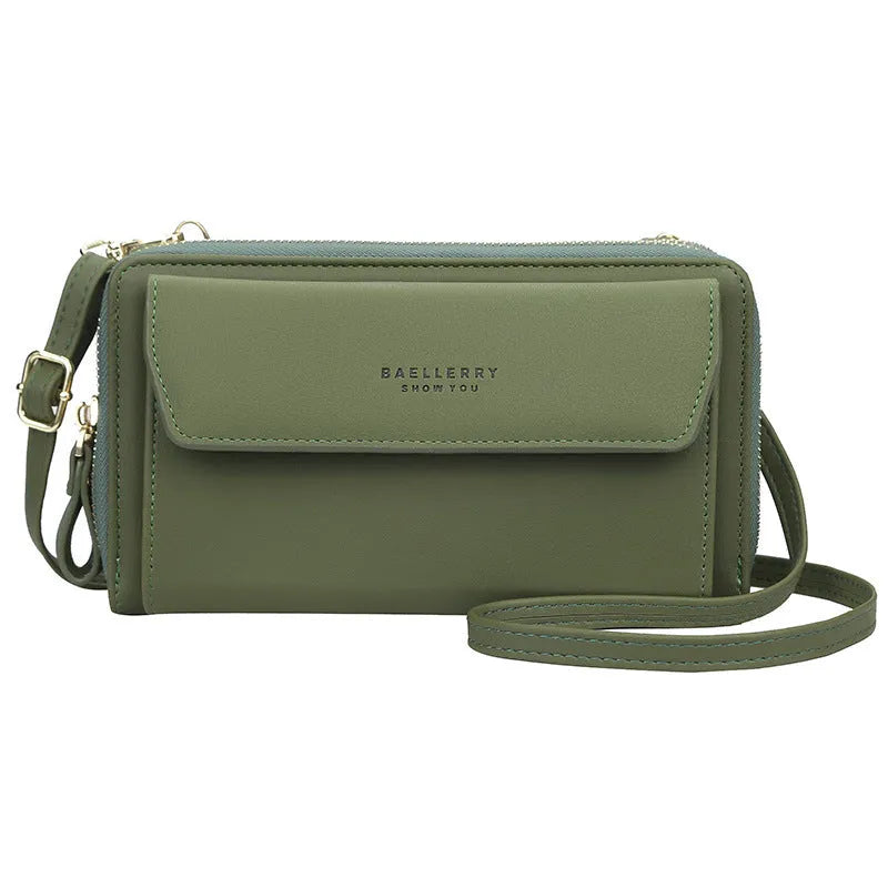 Soft PU leather ladies long wallet messenger bag with a double zipper, shown in a choice of colours.