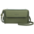 Soft PU leather ladies long wallet messenger bag with a double zipper, shown in a choice of colours.