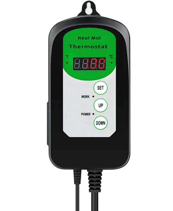 Digital temperature and humidity controller with display showing readings, compact plastic housing measuring 155mm