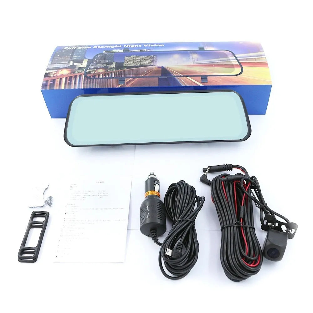 10-inch streaming media rearview mirror tachograph with full screen touch and front rear dual lens night vision