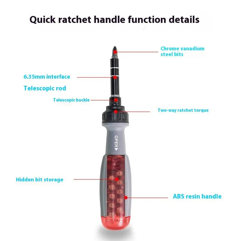Ratchet screwdriver with two-way retractable chrome vanadium steel bits, ABS handle, and magnetic tip on white background