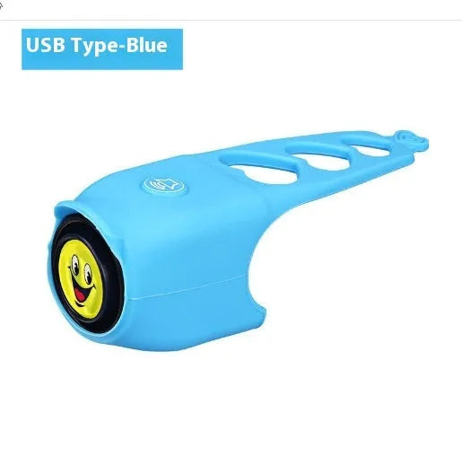 A plastic electronic bicycle horn in one of six colours, showing its compact shape for handlebar mounting.