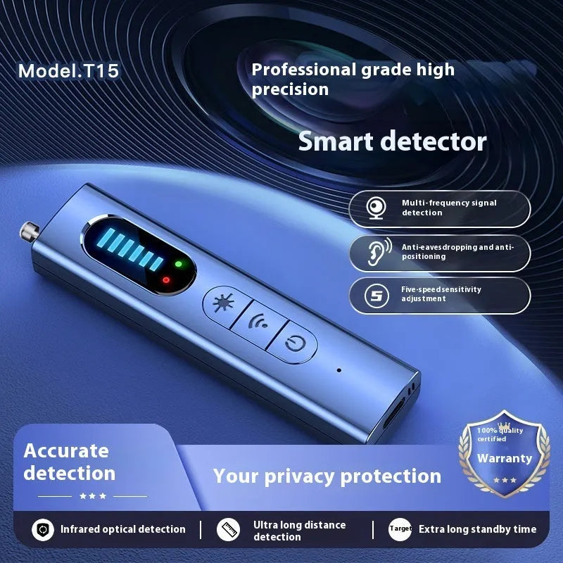 T15 blue wireless camera detector, 92mm x 20mm x 15mm, 27g, 1MHz-6GHz, 10m range