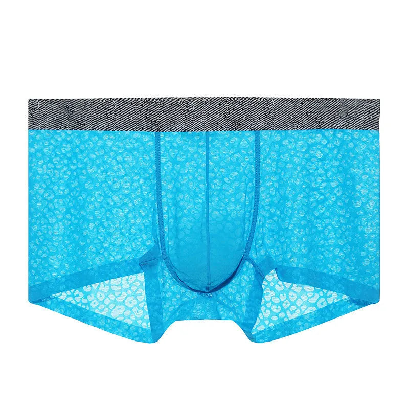 Men's seamless lace boxer briefs in Jacquard weave polyester fabric showing low waist design