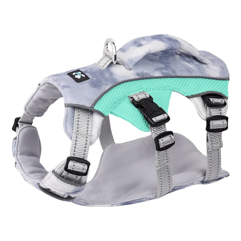 Reflective pet cooling chest strap harness for dogs in light blue, on a model.