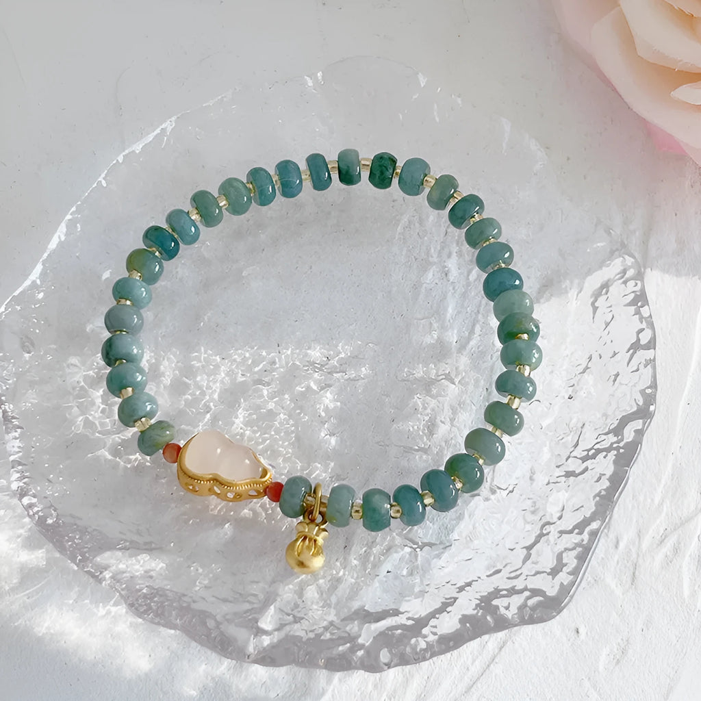 Simple jade gourd bead bracelet with fu character peace buckle in natural blue water colour