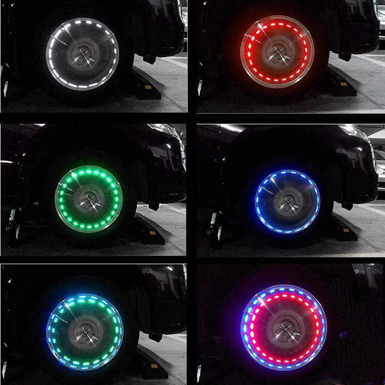 Colourful solar wheel hub lamp on vehicle tyre valve, 4cm diameter, with PC case and multiple flash modes