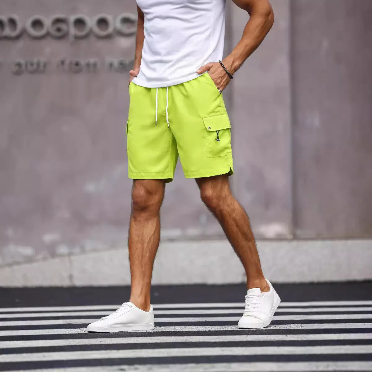 Men's straight-leg workwear shorts in cool silk cotton polyester fabric available in army green and fluorescent green colours