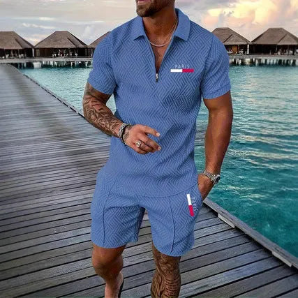 Men's retro plaid beach suit set with PARIS heat transfer patch, short sleeve T-shirt and shorts in cotton blend