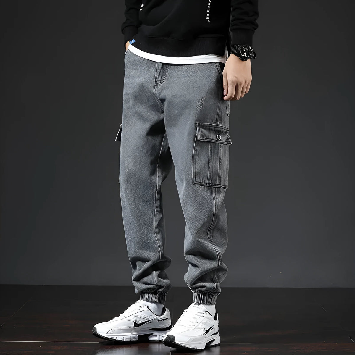 Japanese-style multi-pocket cotton workwear jeans for men in blue, black, and gray, sizes M to 5XL