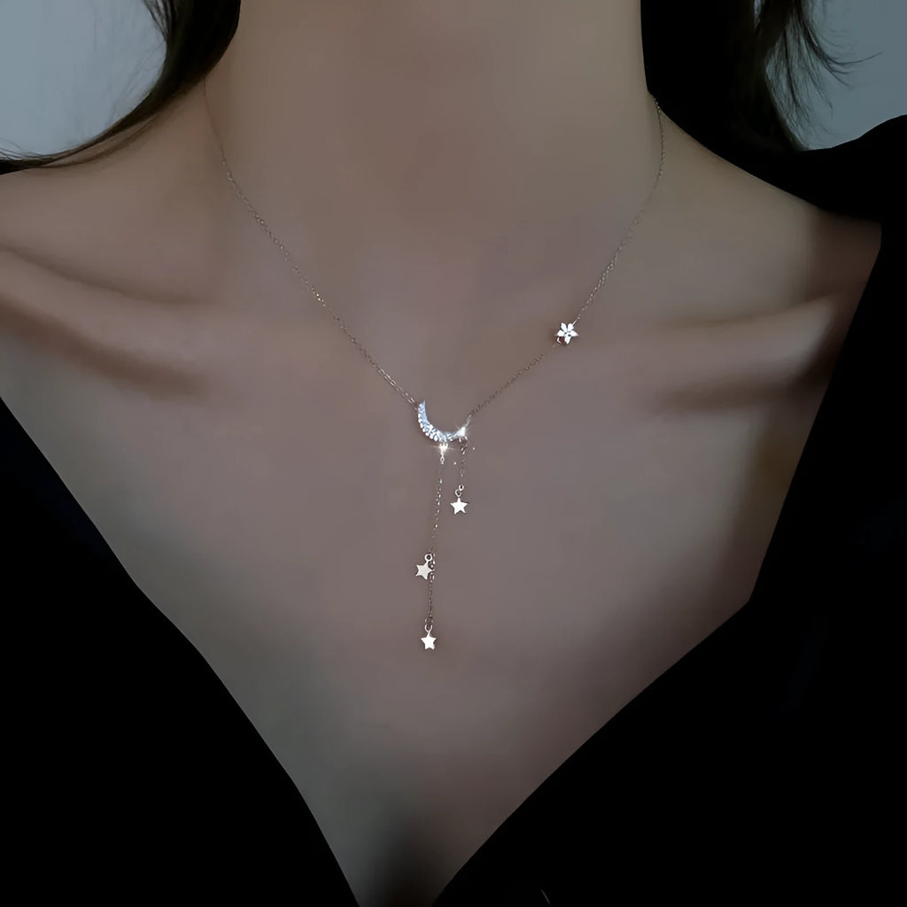 Tassel star moon necklace with copper cross chain, mixed gem inlay, drop pendant, silver white or yellow gold