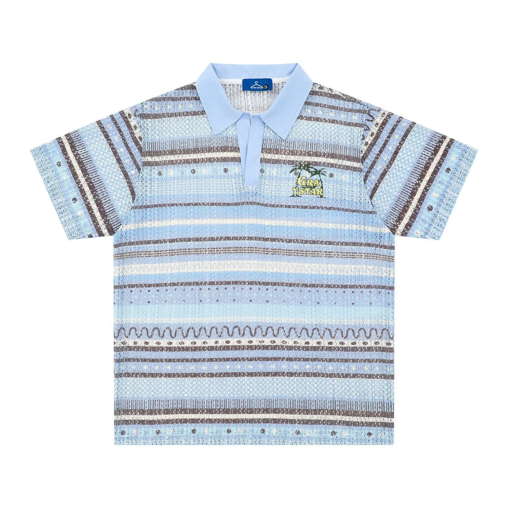 Men's blue printed short sleeve shirt with loose fit and elastic polyester fabric