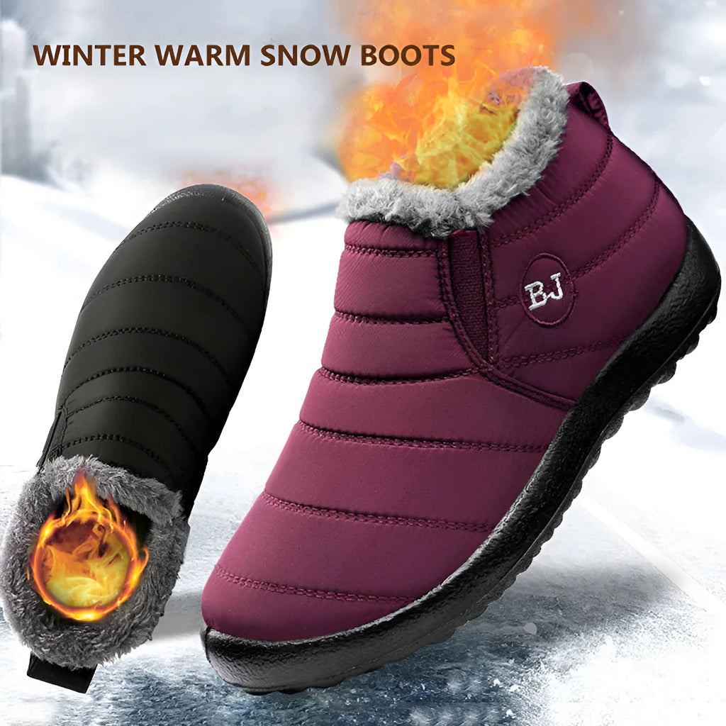 Women's waterproof winter snow boots with cotton lining, sheep shearling insole, low heel, in black, coffee, dark blue, gray, purple