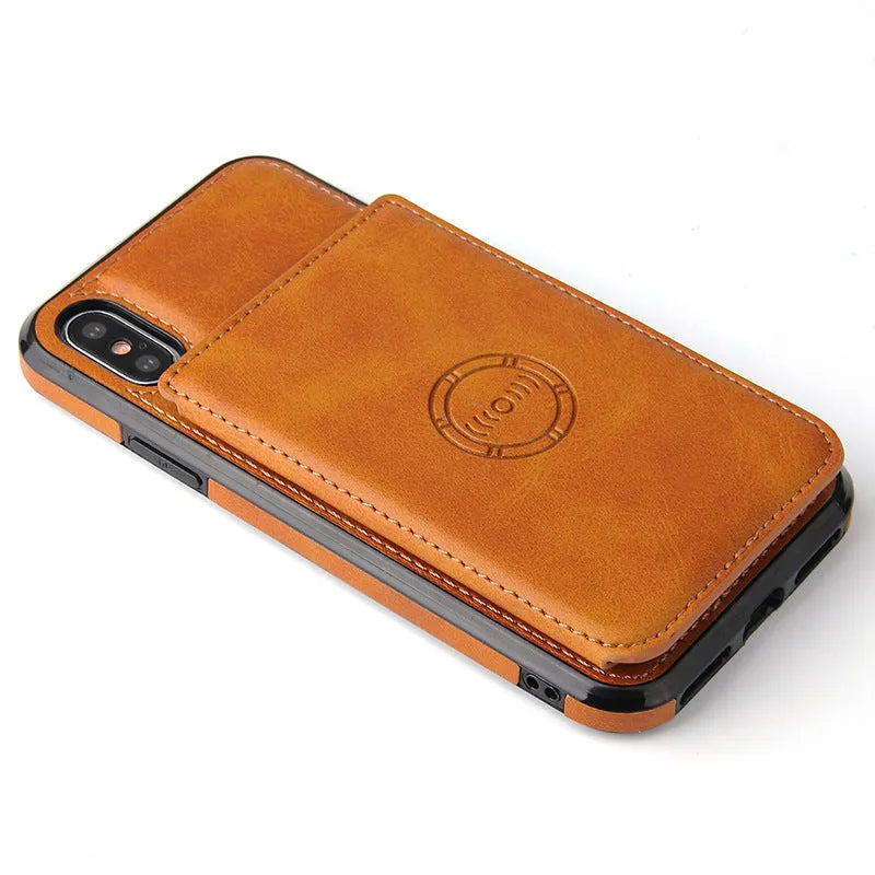 Imitation leather card wallet phone case for iPhone 11 in black, blue, brown, orange, pink, and red colours.