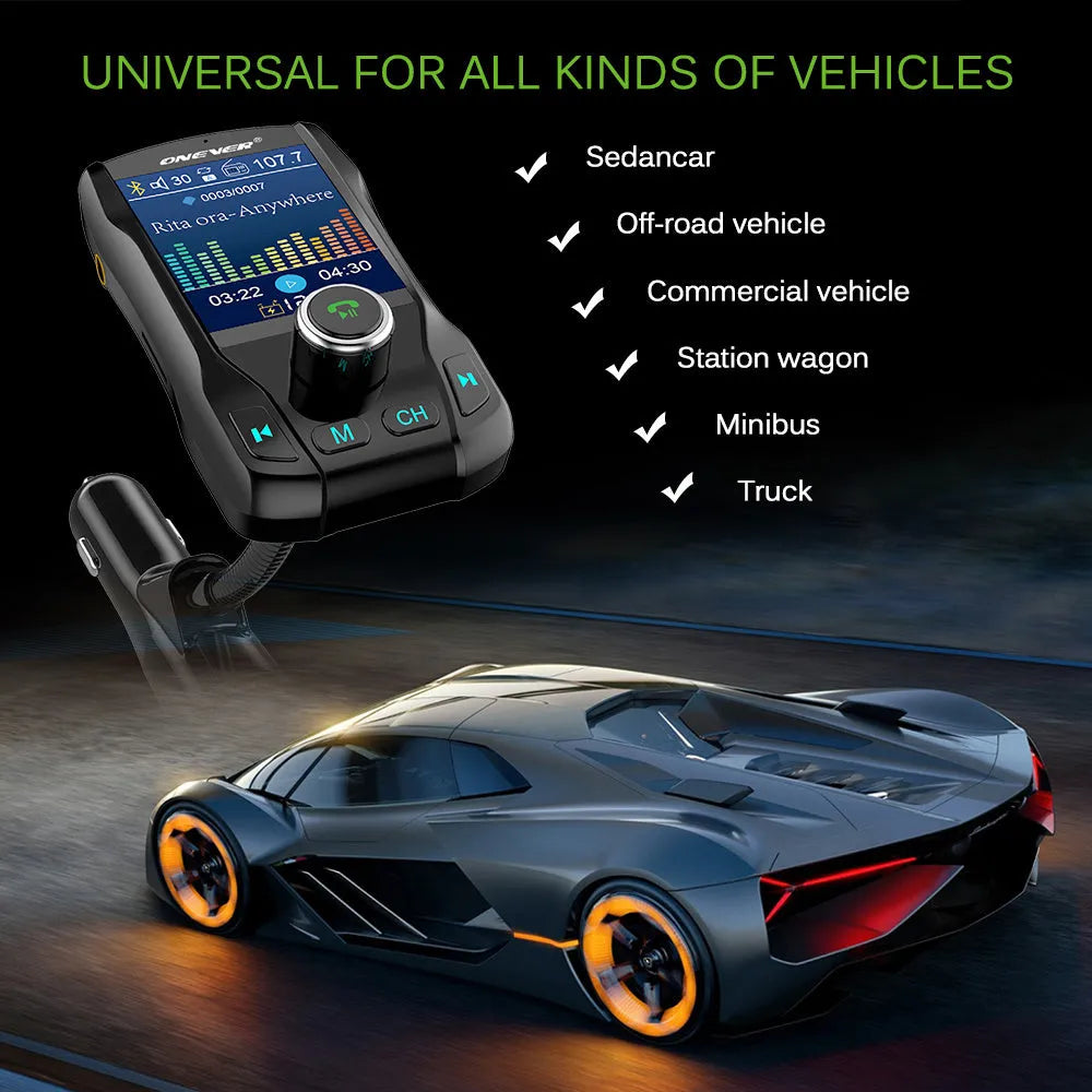 Black car FM transmitter with Bluetooth and a colour screen, showing dual USB ports and a flexible hose.