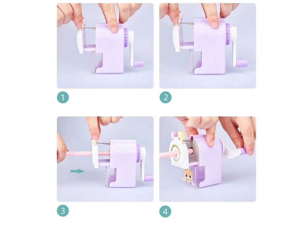 A blue plastic manual pencil sharpener with a cartoon pet design and geometric shape.
