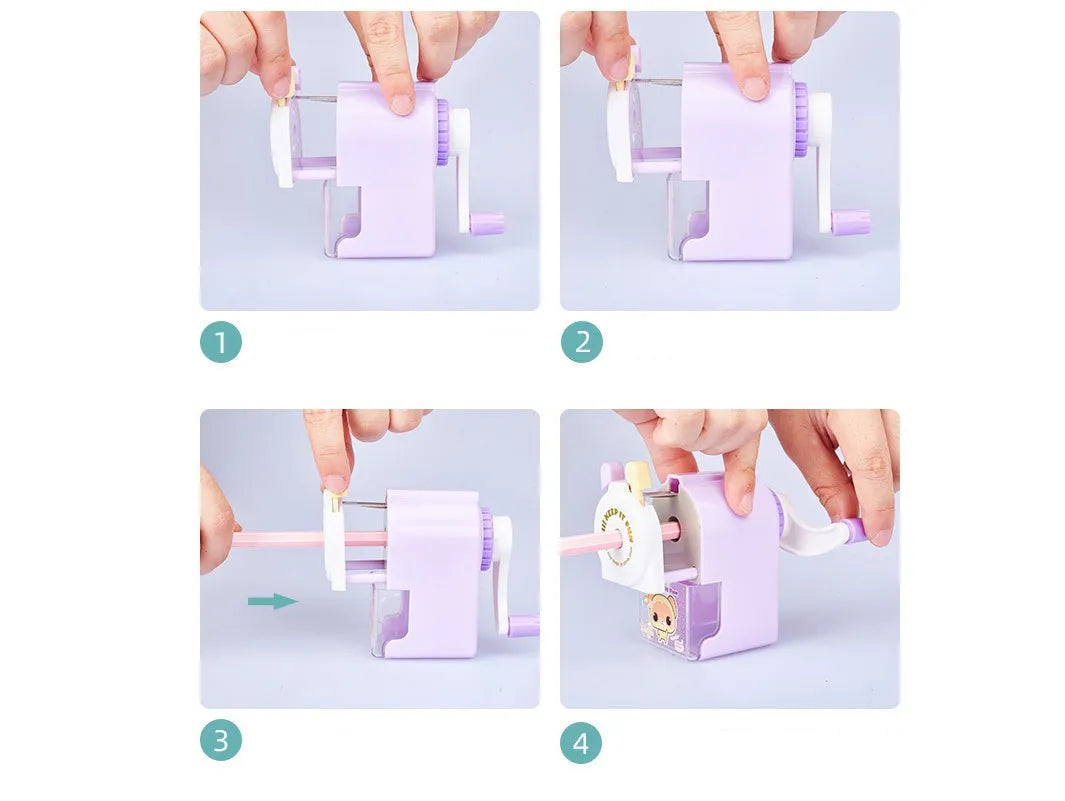 A blue plastic manual pencil sharpener with a cartoon pet design and geometric shape.