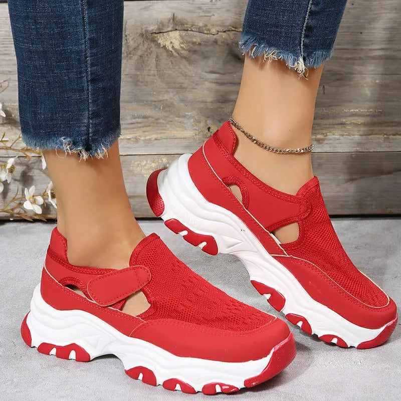 Women's mesh sport shoes with flat heel round toe Velcro closure in red black and blue colours