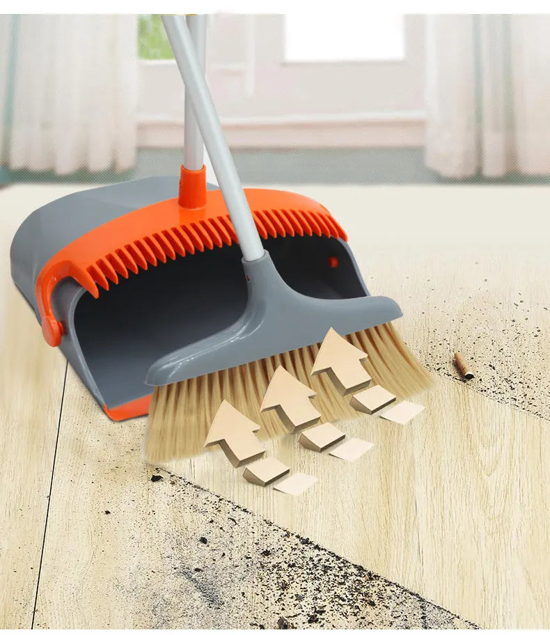 Upgrade colour foldable broom dustpan combination set with bucket and double pole cleaning tools on kitchen floor