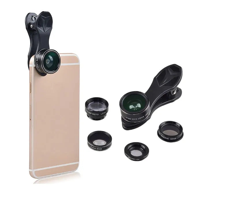 Black universal 5-in-1 smartphone lens kit showing fisheye, wide angle, macro, telephoto and CPL filter lenses with clip mount