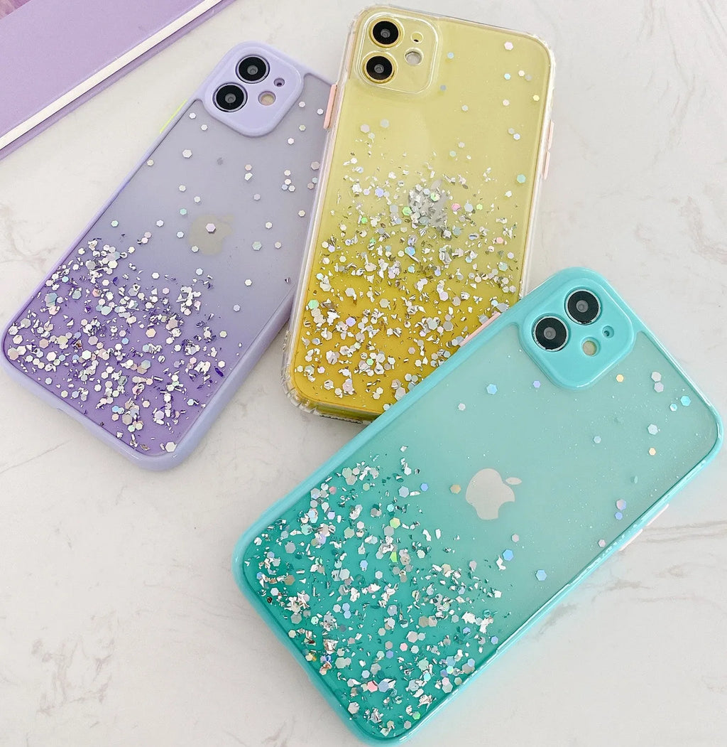 Silicone phone case with gradient epoxy glitter and frosted marble IMD finish for iPhone models