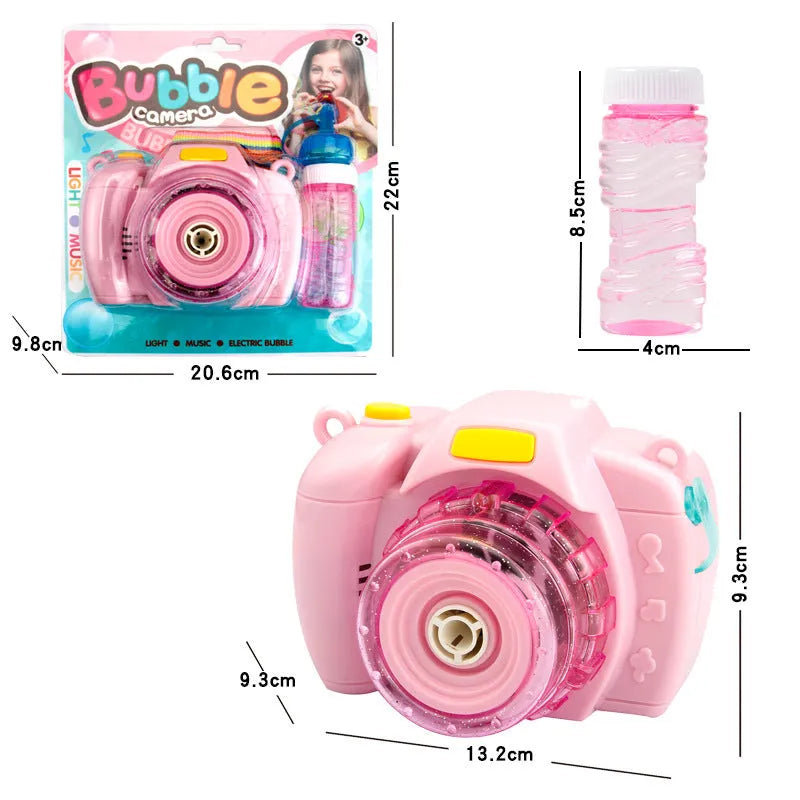 Yellow automatic camera-shaped bubble blower toy for children with flashing lights on a green lawn.