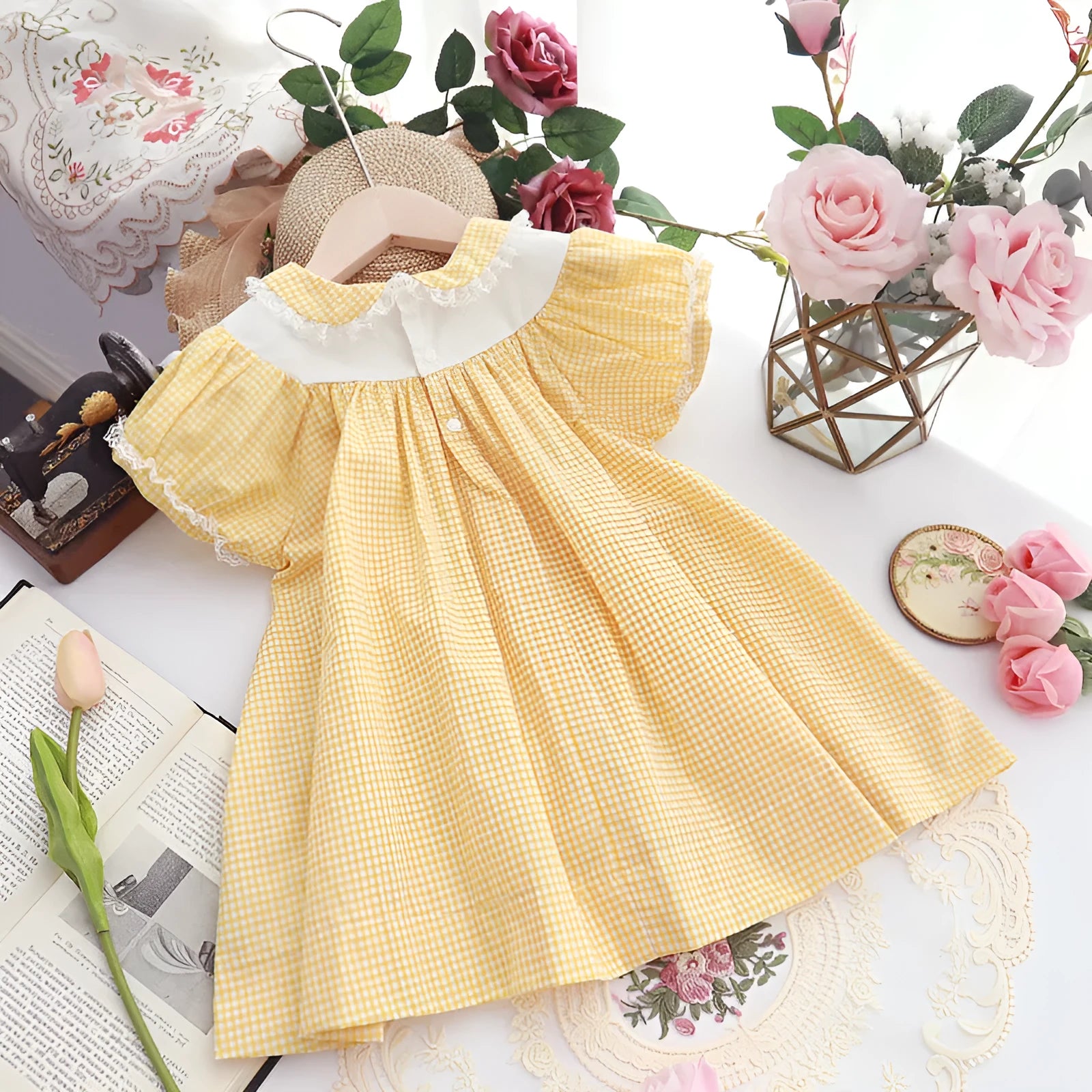 Girls yellow cotton dress with retro plaid embroidery for height 90-130cm