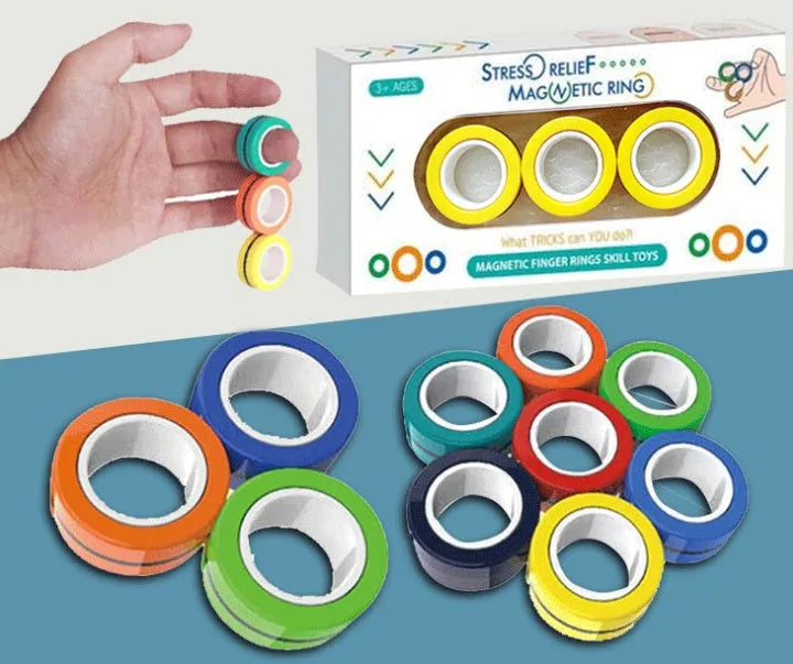 Plastic magnetic finger rotating ring spinner toy shown in multiple colours on a finger.
