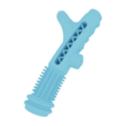 Blue TPR tree branch shaped chew toy for small dogs on a white background.