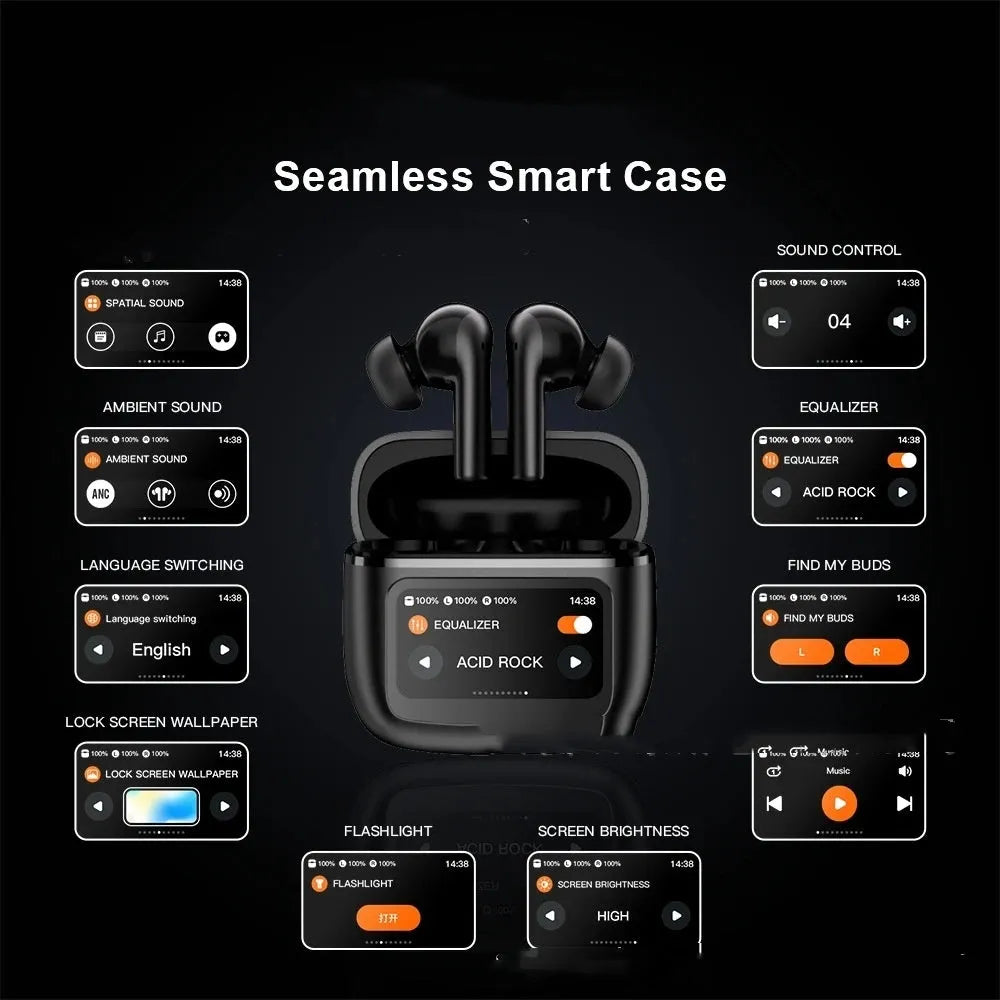 T68 PRO wireless Bluetooth in-ear headphones with touch colour screen in black, silver, or champagne colour