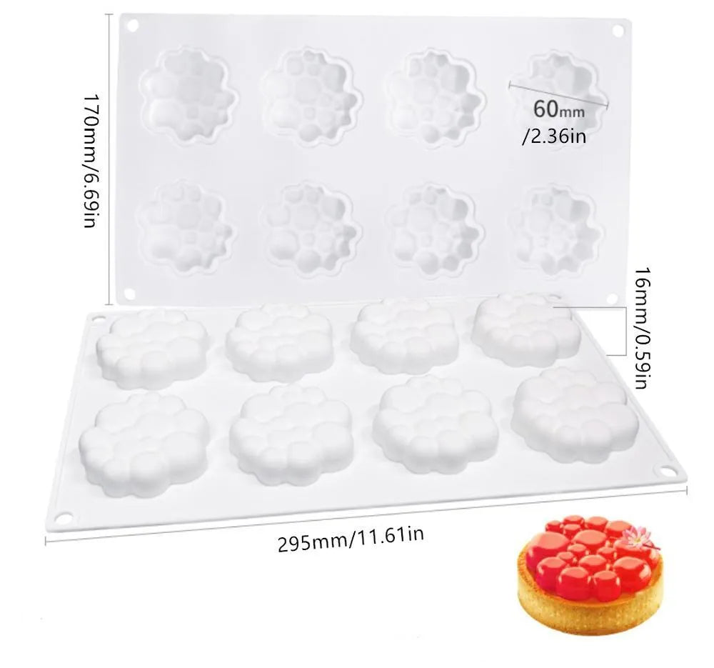 Round silicone cake mould with 8 bubble pattern design for baking and dessert preparation