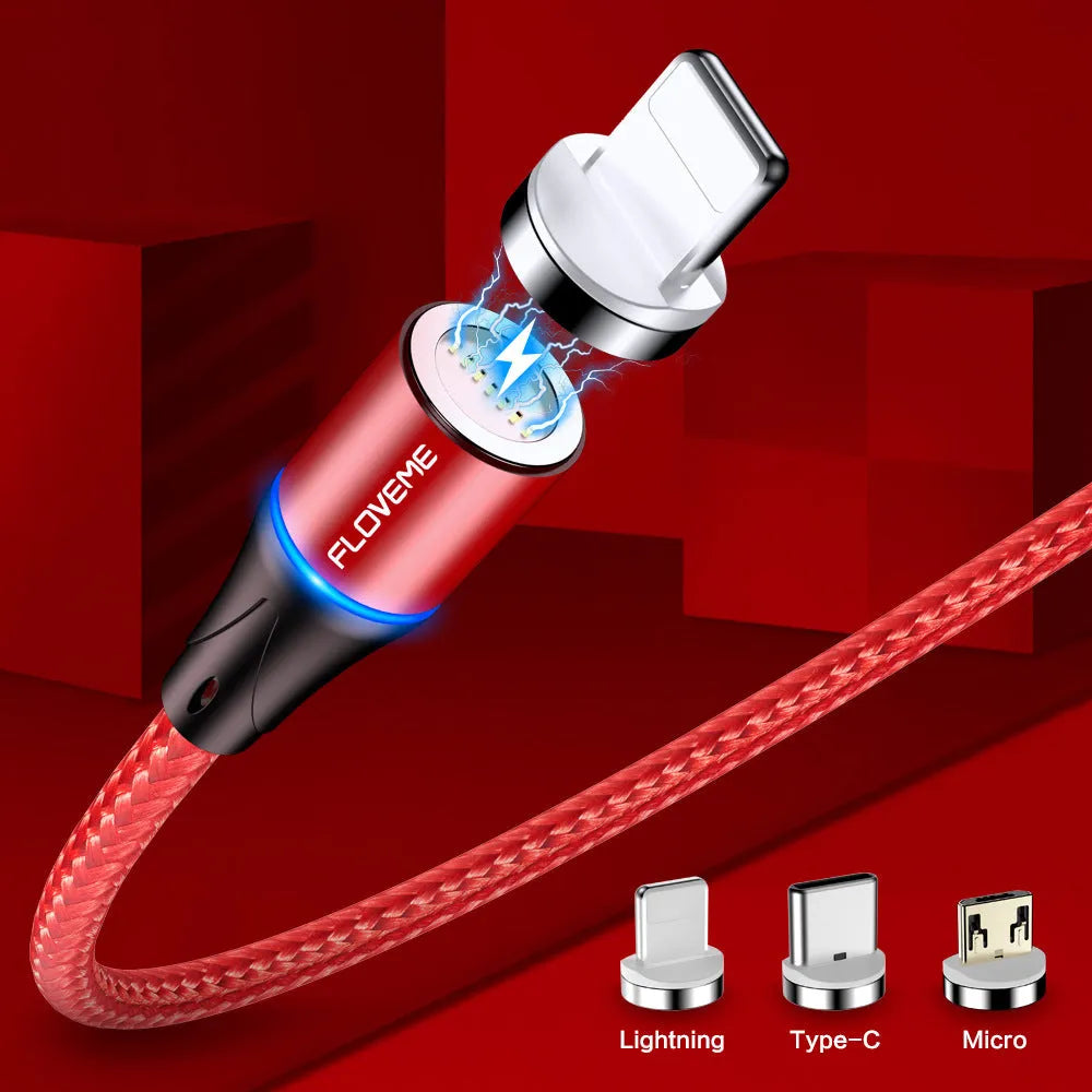 Magnetic USB-C fast charging cable with side light feature in black, red, or silver colour options