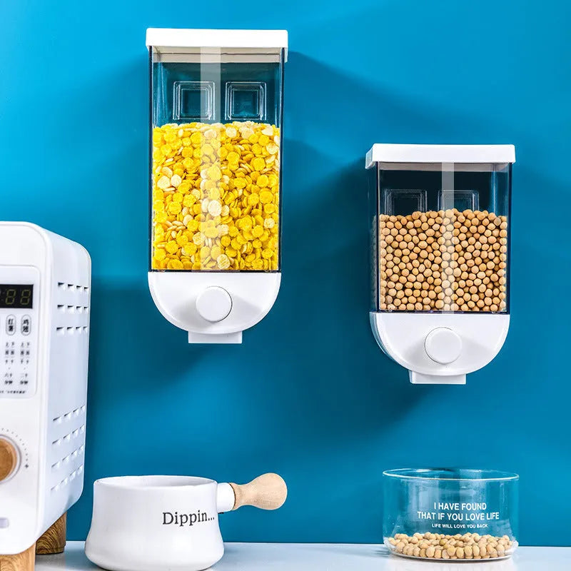 White wall-mounted transparent food storage box cereal dispenser on kitchen wall