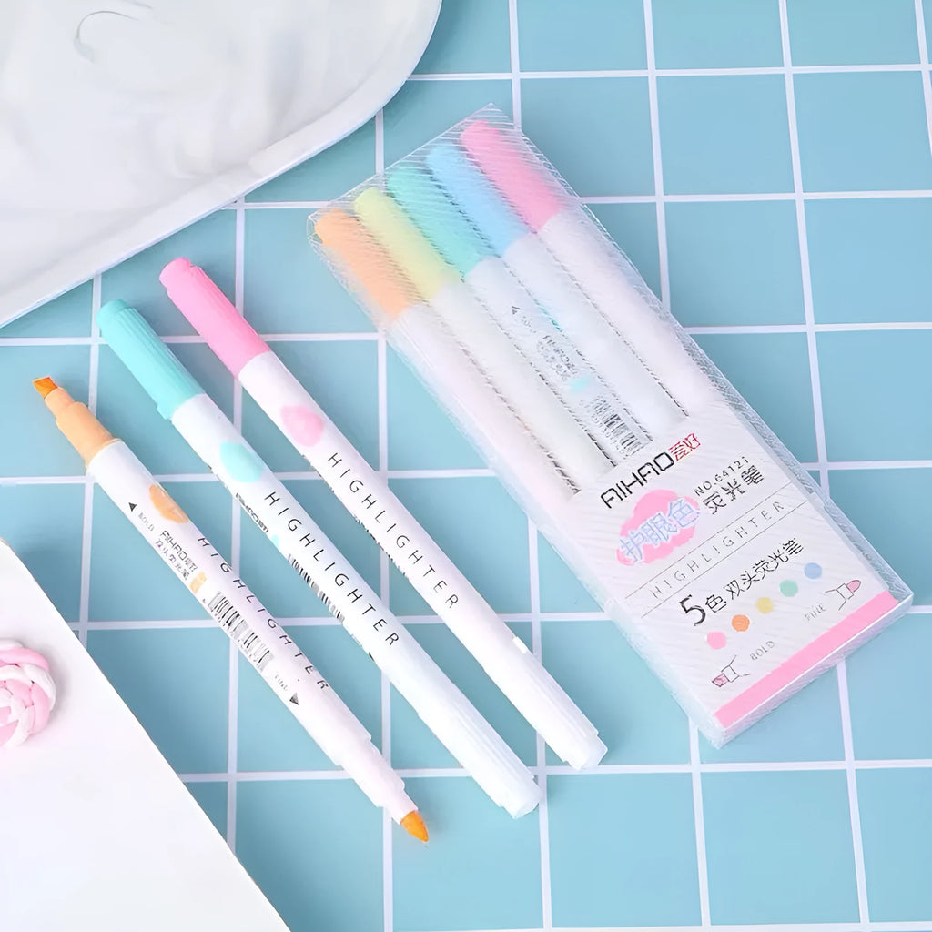 Double head gel pens with highlighting and writing tips in five colours
