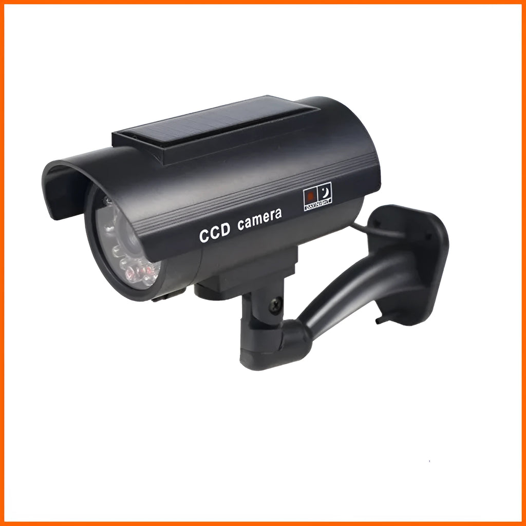 Black plastic fake security camera with gun-style design and solar simulation LED light