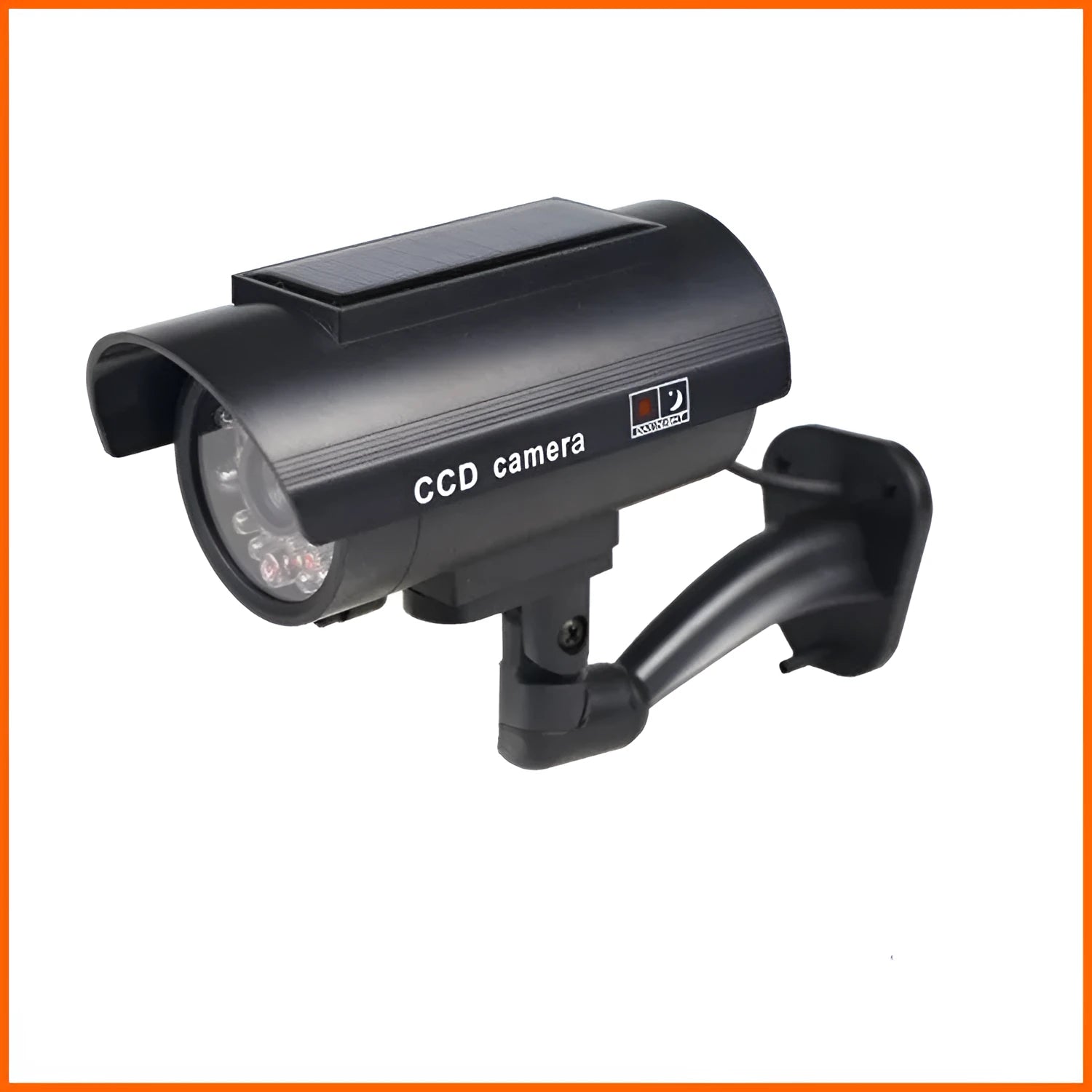 Black plastic fake security camera with gun-style design and solar simulation LED light